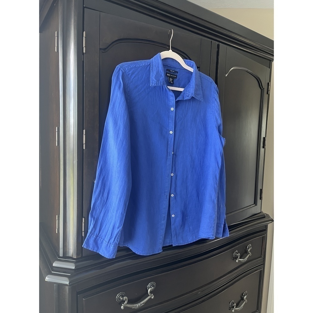 JNY Jones New York Blue Linen Long Sleeve Top Size Medium